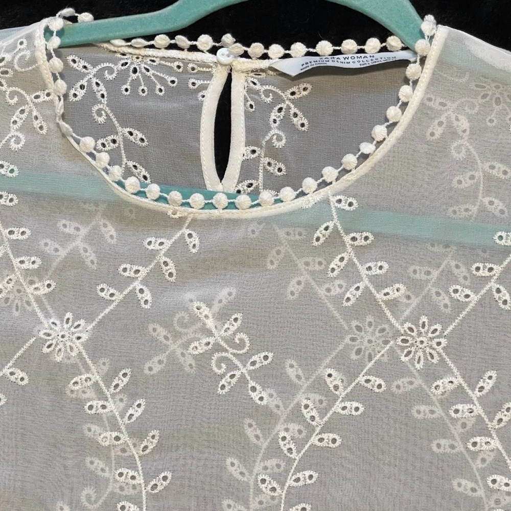 Zara Sheer White Eyelet Cutwork Babydoll Dress Bridal Cottagecore Boho Large - Picture 7 of 8